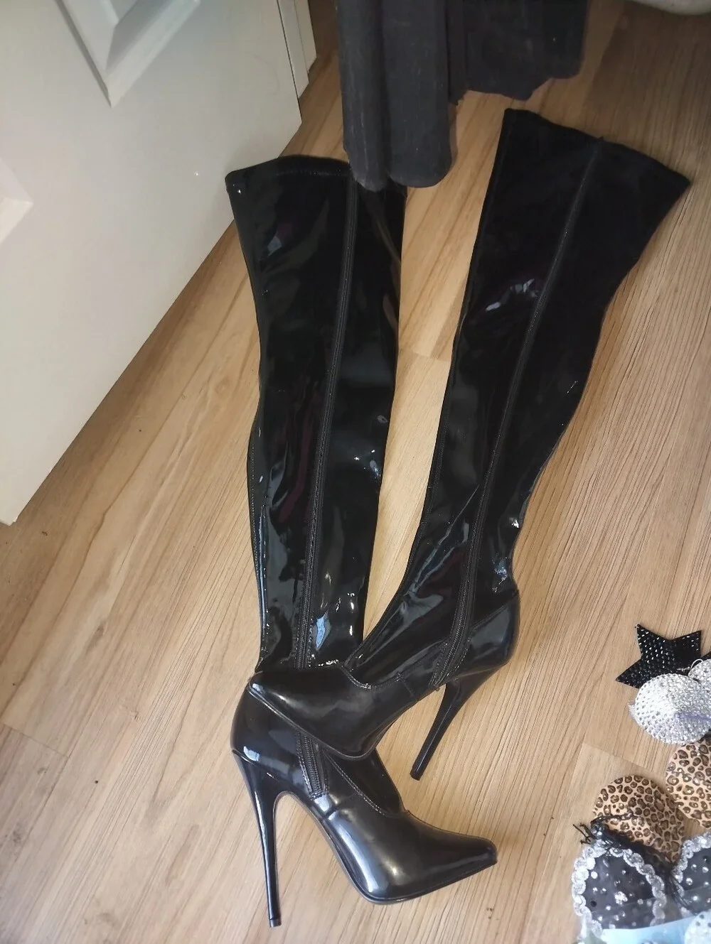 Pleaser Black Patent Over-the-Knee Stiletto Boots